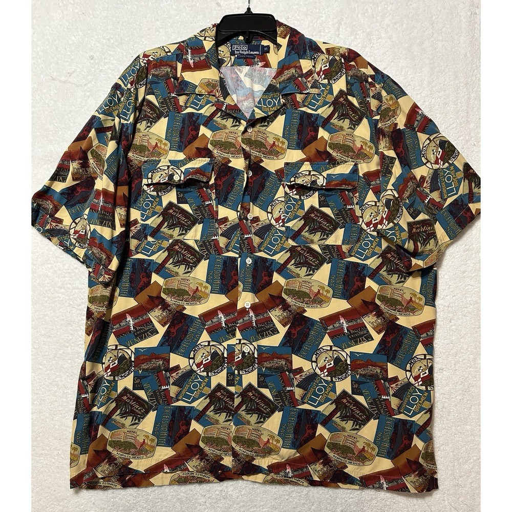 Polo Ralph Lauren Mens Size XL Vintage Postcard AOP Hawaiian Button Up Shirt